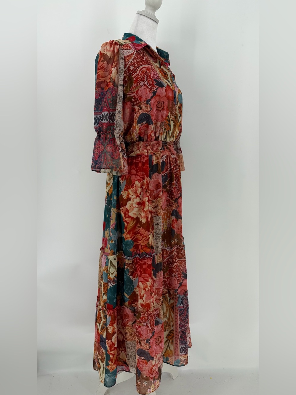 Chico’s Floral Patchwork Boho Midi Dress Smocked Waist Size 0.5 US 6 - Picture 2 of 7